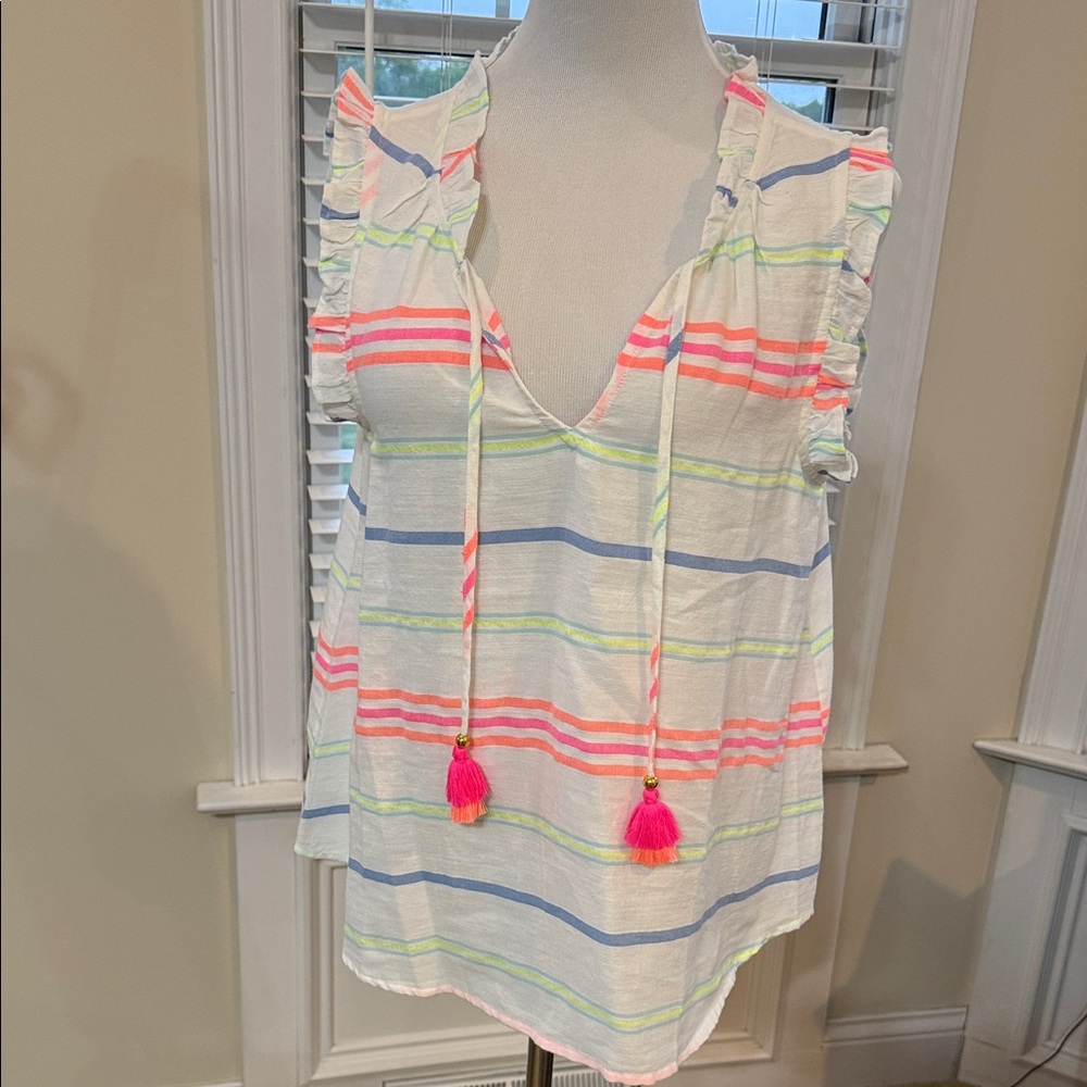 Vineyard Vines White Multicolor Striped Ruffle Tie-Front Tank